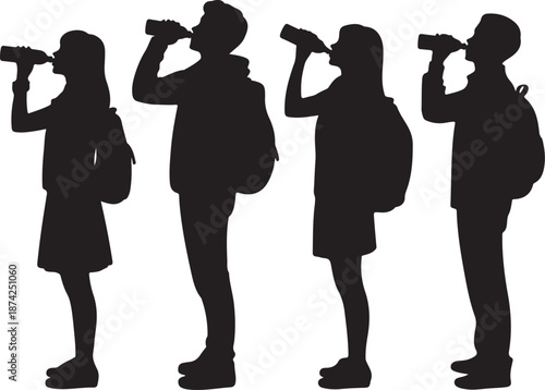 vector silhouette of a man and woman tourists standing drinking water on a white background .Generative AI