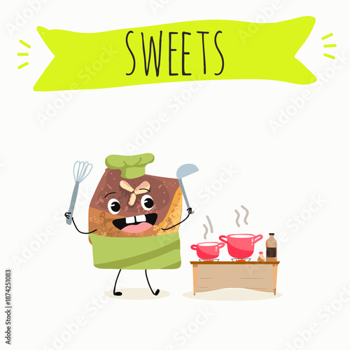 Funny Characters namoura, Turkish dessert, Kazandibi, Muhallebi, Tavuk Gogsu. Hand drawn vector illustration.