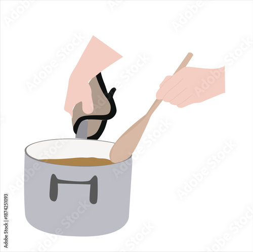 cooking in a pan. hands holding a pan while cooking
