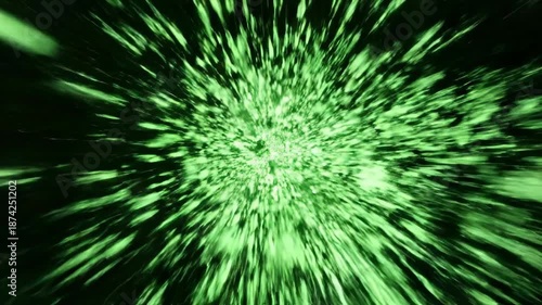Highly complex geometric neon green particles rapidly disintegrating and streaking across the frame with aggressive digital motion blur and speed lines aggressive, geometric, vibrant