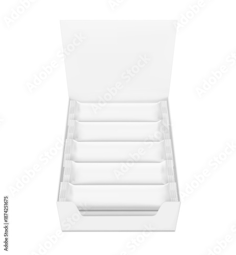 Show box blank mockup with set flow packaging for food. Vector illustration on white background. Ready for your design. EPS10.