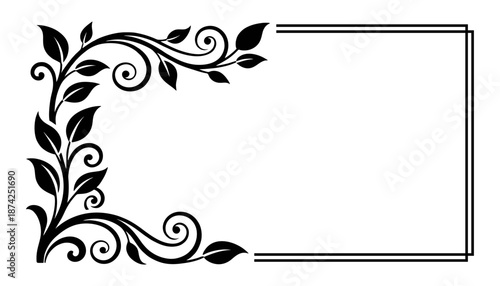 Ornate floral corner frame design with leaves in black and white, vector.