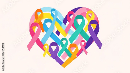 Colorful awareness ribbons forming a heart shape symbolizing support and hope for various causes isolated on a light background