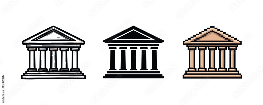 Naklejka premium Three stylized ancient greek columns: sketch, solid black, and pixel art designs