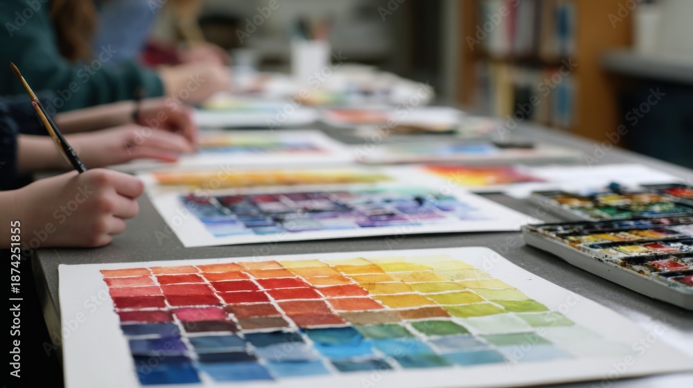 Fototapeta premium Medium shot capturing watercolor practice sheets on tilted boards sharp view on varied color charts blurred hands of students actively working in the background.