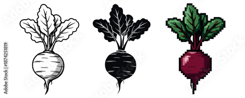 Artistic interpretations of beets: sketch, silhouette, and pixel art styles