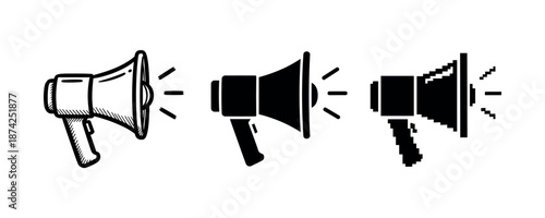 Three megaphones in various artistic styles: sketch, solid, pixelated