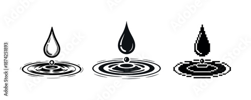 Set of water droplets and ripples in different artistic styles
