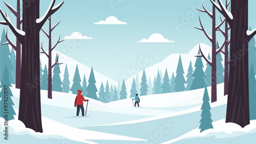 People Enjoying Winter Sports in Snowy Landscape.