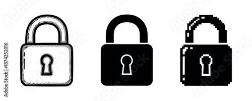 Set of three locks in sketched, solid, and pixel art styles