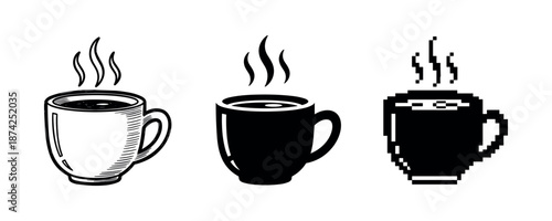 Set of three coffee mugs: line art, solid fill, pixel art styles