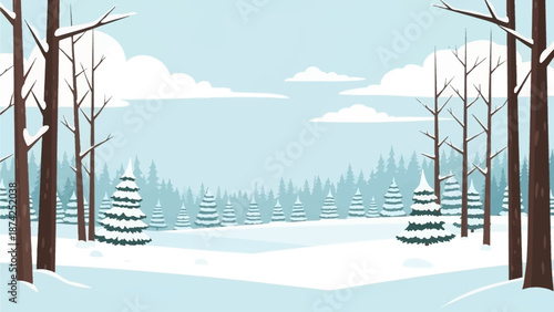 Serene winter landscape with snow-covered trees and forest.