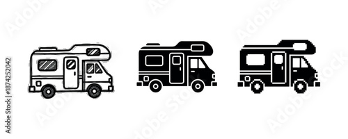 Illustrated and silhouette depictions of classic motorhomes in black and white