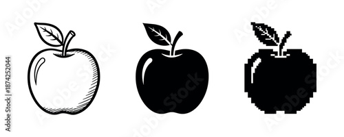 Artistic representations of apples: sketch, solid, pixel styles