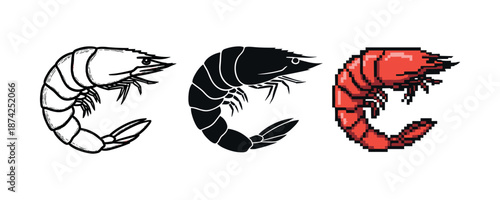 Three stylized shrimp designs: outline, silhouette, pixel art