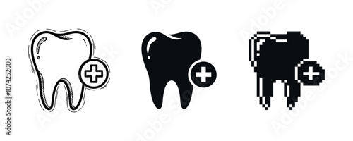 Set of dental health tooth icons with medical cross symbols in various styles