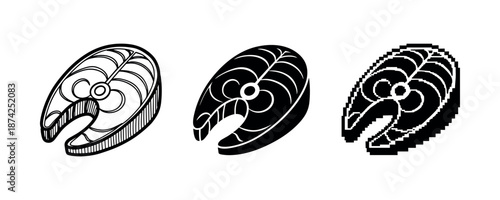 Three stylized fish steak illustrations: line art, silhouette, pixelated