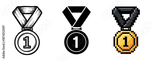 Three styles of first place medals: sketch, monochrome, pixel art