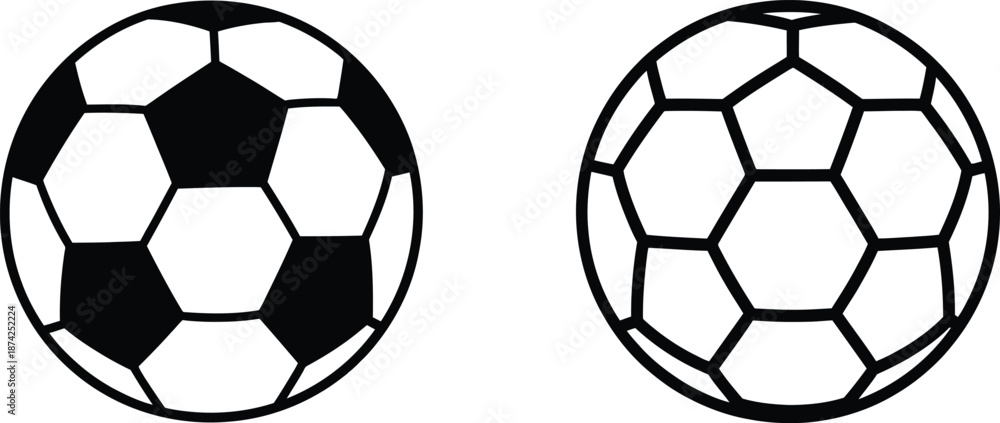 Obraz premium Simple vector illustration of two black and white soccer balls with one solid and one outline design