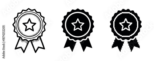 Three star medallion designs: sketch, solid, and pixel art ribbons