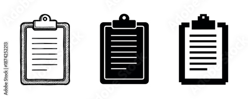 Set of three clipboard icons: outline, solid, and glyph styles
