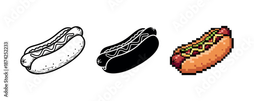 Hot dog evolution: sketch, silhouette, and pixel art styles on white background
