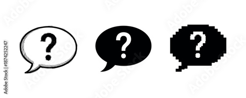 Three styles of speech bubbles with question marks in black and white