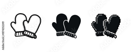 Set of three black and white mittens icons with different art styles