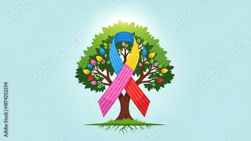 Tree with awareness ribbon and colorful lights symbolizing hope and support for various causes conceptual illustration for health campaigns