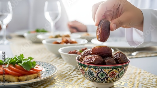 A close-up photograph captures a hand picking up a large, dark brown date from a small patterned ceramic bowl filled with several other dates, set on a dining table during a meal.