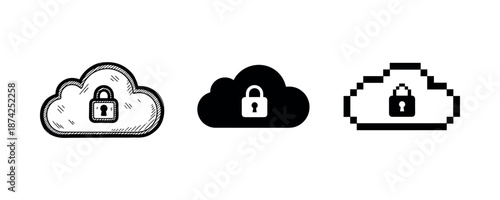 Three cloud icons with locks representing data security in various styles