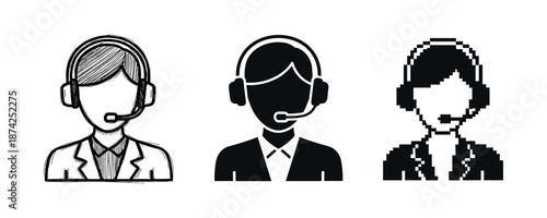 Transformation of call center operator icon: sketch, solid, pixelated versions