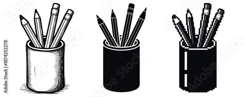 Three artistic pencil holder designs in varying styles and textures