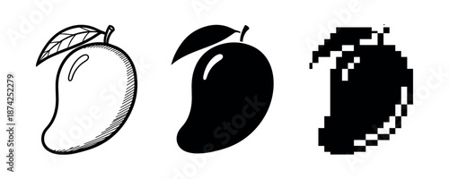 Three artistic mango representations: sketch, silhouette, pixel art