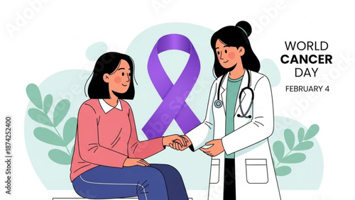 Doctor and patient with purple ribbon for World Cancer Day illustration of support and awareness for cancer patients February 4th