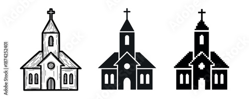 Monochrome church illustrations: three distinct architectural styles
