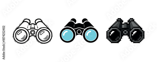 Diverse binoculars designs: sketch, modern, and pixel art styles