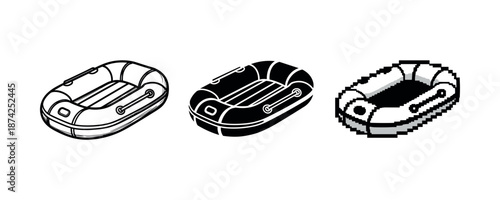 Three styles of inflatable boat: outline, silhouette, pixel art versions side-by-side