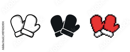 Collection of mittens in sketch, silhouette, and pixel art styles