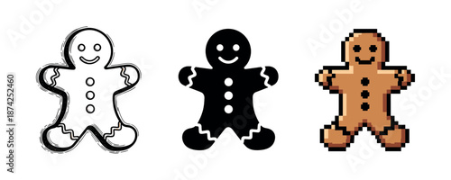 Three gingerbread man variations: outline, silhouette, pixelated art