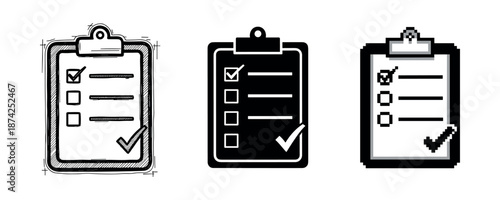 Three stylized clipboards: sketch, solid, pixel art designs with check marks