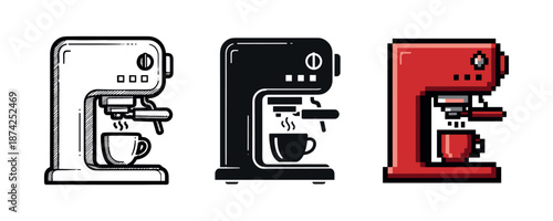 Set of three stylized coffee machines in different colors and styles
