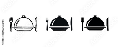 Black and white food cover icons with fork and knife on white background