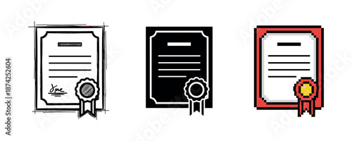 Illustrated certificate designs: sketch, monochrome, and color variants with seals