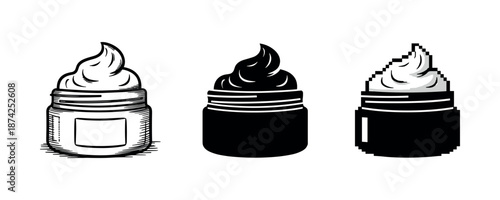 Evolution of cream jar design: sketch, solid, pixel art styles comparison
