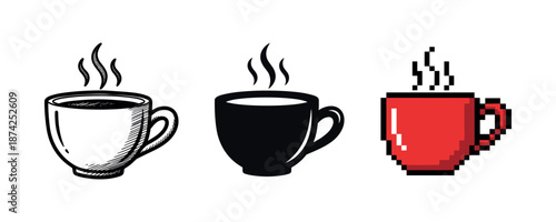 Three coffee cups: sketch, silhouette, and pixel art versions