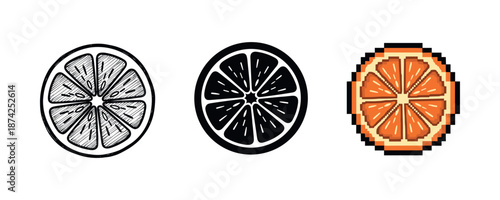 Geometric citrus: sketch, silhouette, and pixelated orange slices