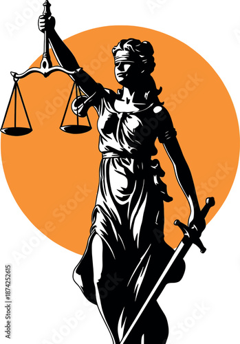 Statue of justice with scales and sword in front of orange circle