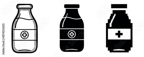 Vintage, modern, and pixel art milk bottle icons with medical symbols