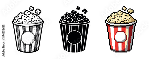 Three popcorn buckets in black and white, monochrome, and pixel art styles